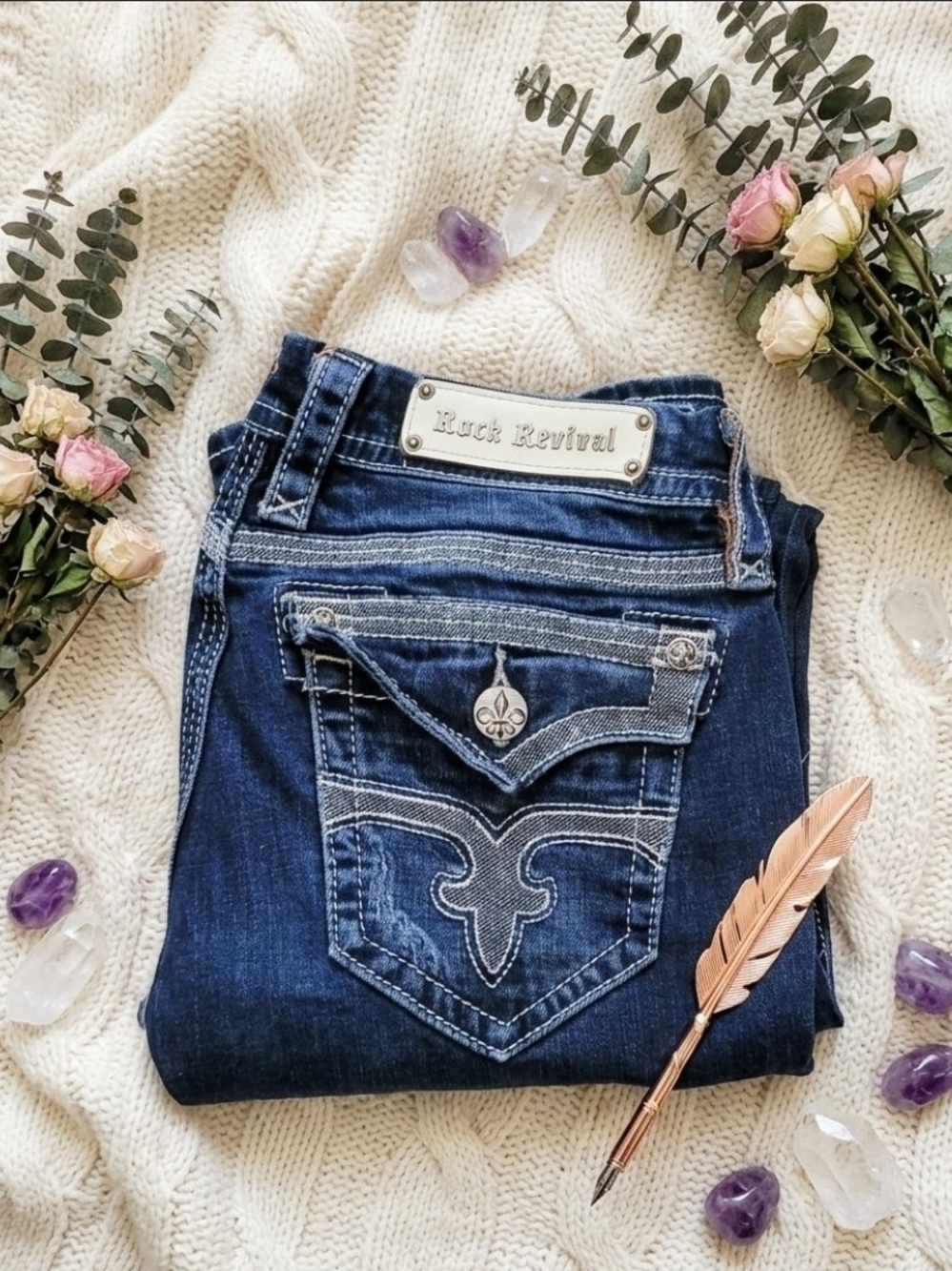 Rock Revival Women's Indigo Blue Boot Cut Jeans with Signature Pocket. Size 31
